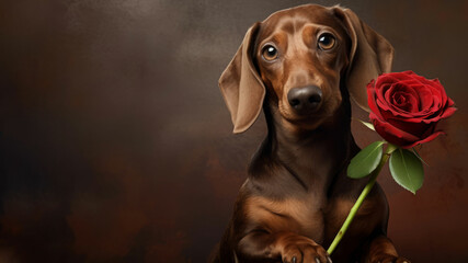 A cute dachshund with a rose for Valentine’s Day, Mother’s Day. Copy space - Powered by Adobe