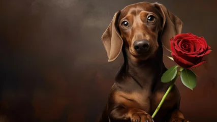  A cute dachshund with a rose for Valentine’s Day, Mother’s Day. Copy space © Yulia