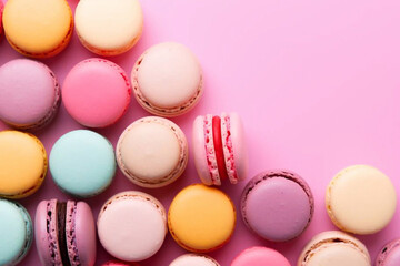 Fototapeta premium Colorful french desserts. Cake macaroons or macaroon on pink background, colorful almond cookies, pastel colors, macaroon for sweet break mock up. Flat lay, top view