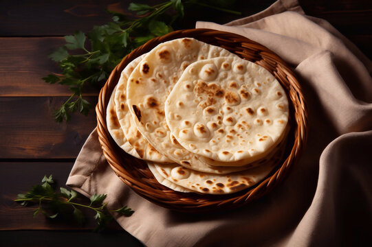Fresh pita tortillas, bread. anner, menu recipe place for text, top view