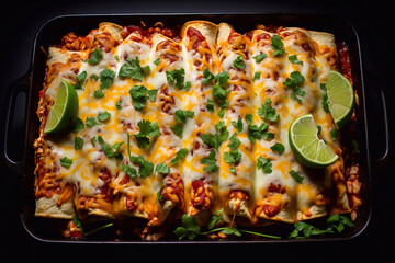 Mexican enchiladas with chicken, vegetables, corn, beans, tomato sauce and cheese. Served in baking tray. Mexican food. Latin American cuisine. Black background, top view, copy space
