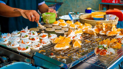 Khanom Bueng - street food. Kind of sweet Thai desserts Delicious, crispy, flavorful and healthy. Vegetarian desserts, local desserts