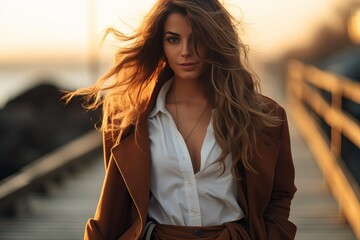 Sunset Beach Spring Walking Co Girl Stylish Young Beautiful coat woman autumn beauty caucasian clothing fashion hair lady lifestyle model person portrait white trench attractive city clothes dress - obrazy, fototapety, plakaty