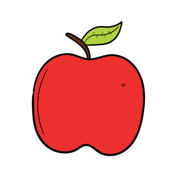 A hand-drawn doodle of a red apple with a leaf on a white background.
