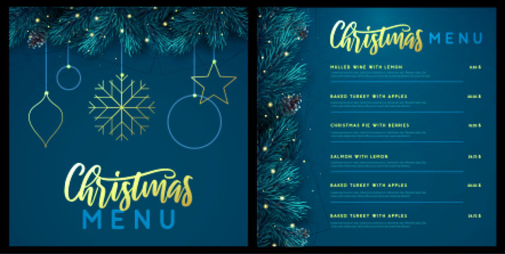Restaurant Christmas holiday menu design with christmas floral garland on blue background. Vector illustration