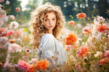 Naklejka premium flowers garden girl young beautiful flower fashion woman summer model spring hair nature beauty chaplet red happy people background portrait cute face skin dream lifestyle female green sensuality