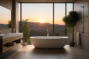 Fototapeta premium modern interior of a bathroom with shower area and bathtub with large window revealing a breathtaking landscape at sunset