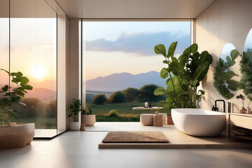 modern interior of a bathroom with shower area and bathtub with large window revealing a breathtaking landscape at sunset - obrazy, fototapety, plakaty