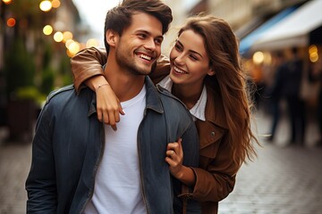 street city outdoors walking love couple young Beautiful male human relationships people caucasian female romance happy woman man together romantic lifestyle urban togetherness adult boyfriend - obrazy, fototapety, plakaty