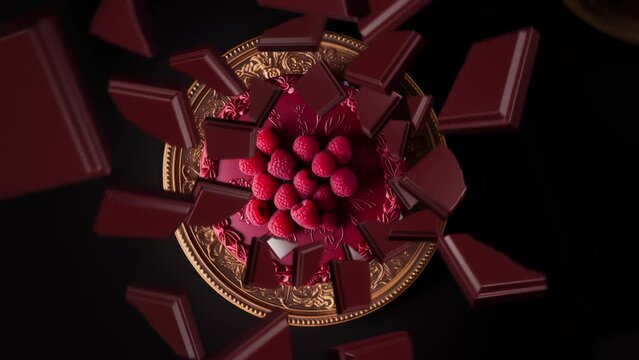 Chocolate pieces spiraling and falling on top of a raspberry cake slow motion