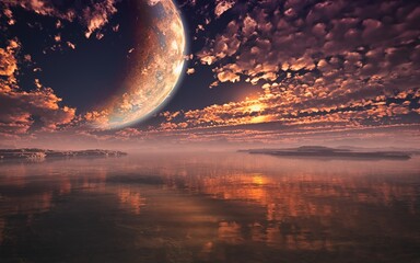 3D rendering of giant moon on majestic cloudy sky in distant planet environment with water