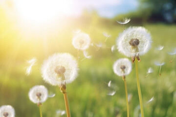 Dandelion seeds blowing in the wind across a summer field background