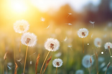 Dandelion seeds blowing in the wind across a summer field background