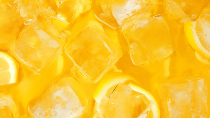 Iced yellow juice texture with ice cube float on the juice