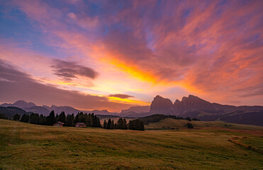 Alpe di Siusi (Seiser Alm), Europe's largest high-alpine pasture, in South Tyrol, Italy. Amid...