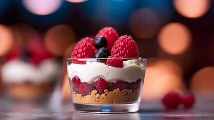 Delicious dessert with chocolate, cream and fruits against bokeh background