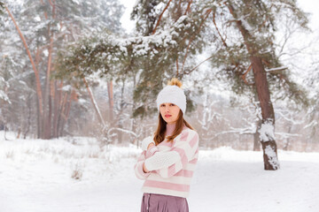 girl in the winter forest, snow in the forest, winter mood

