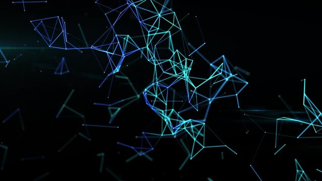 Digital meshing of glowing green and blue lines and dots. Network or plexus connection. Technological background. Seamless loop, repeating animation. Abstract futuristic pattern. 4k footage