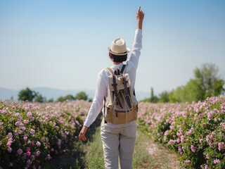 woman enjoying the aroma in Field of Damascena roses in sunny summer day . Rose petals harvest for...