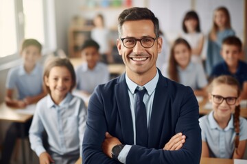 A business man teacher stands in a school auditorium