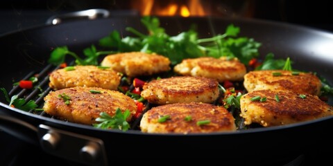 Cooking vegan cutlets in frying pan on stove, closeup