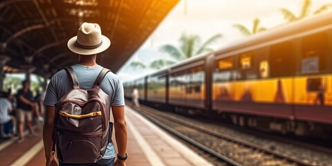 Young traveler at modern railway station. Urban landscape stylish man stands alone on platform backpack ready for journey - obrazy, fototapety, plakaty
