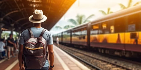 Foto op Aluminium Young traveler at modern railway station. Urban landscape stylish man stands alone on platform backpack ready for journey © Wuttichai