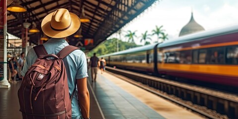 Naklejka premium Young traveler at modern railway station. Urban landscape stylish man stands alone on platform backpack ready for journey