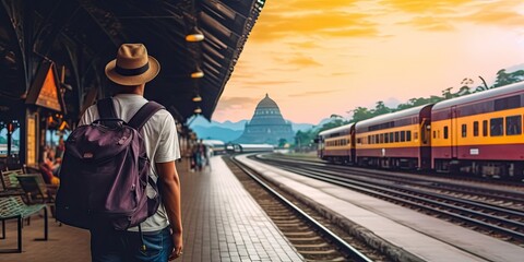 Young traveler at modern railway station. Urban landscape stylish man stands alone on platform backpack ready for journey