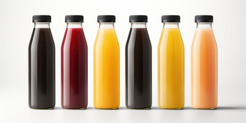 Glass bottles with juice and smoothies of different colors, detox program - obrazy, fototapety, plakaty