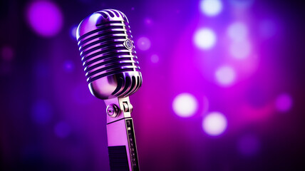 Fototapeta na wymiar Close-up image of a retro microphone on a purple and black background