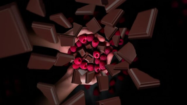 Chocolate pieces spiraling and falling into human hands holding raspberries slow motion