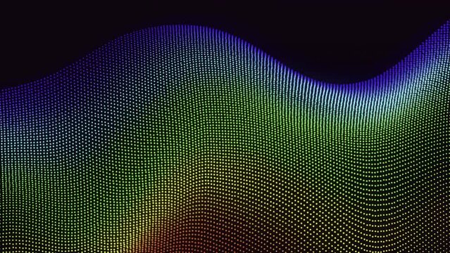On a black background, a halftone gradient curve shape with flowing dots and particles forms a wave pattern.