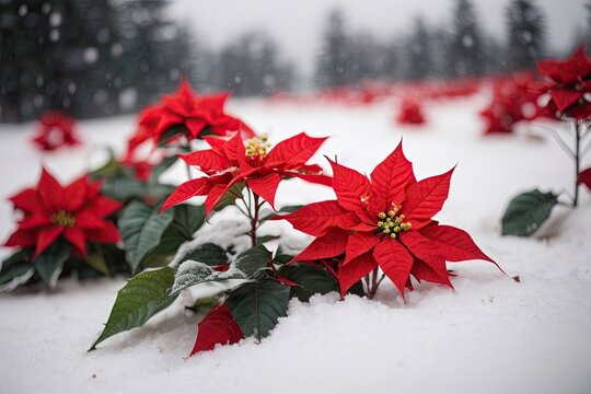 A red poinsettia in the snow