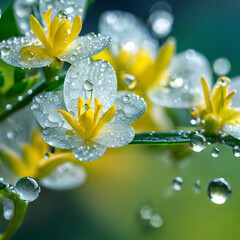 Winter Jasmine and dew drops, photography, close-up. ai generative