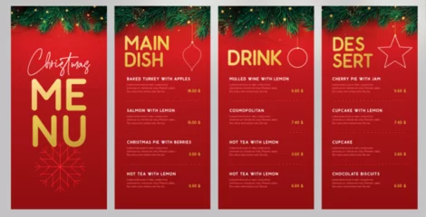 Fotobehang Restaurant Christmas holiday menu design with christmas floral garland on red background. Vector illustration © annbozhko