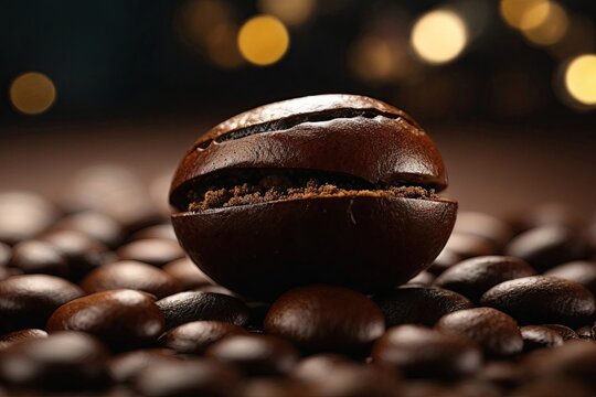 A single coffee bean, cracked open