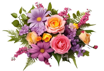 beautiful flower arrangement or bouquet of colourful spring or summer flowers isolated on transparent background.
