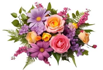 beautiful flower arrangement or bouquet of colourful spring or summer flowers isolated on transparent background.