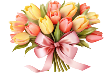 Colorful fresh beautiful tulips bunch with pink ribbon on transparent background. Woman's day, 8 march, Easter, Mother's day, anniversary, wedding