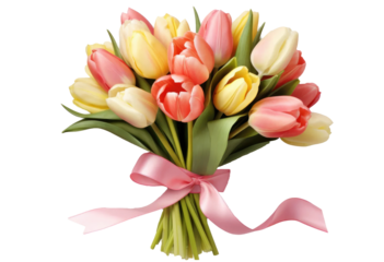 beautiful tulips bunch with pink ribbon on transparent background. Woman's day, 8 march, Easter, Mother's day, anniversary, wedding
