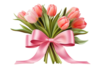 fresh beautiful pink tulips bunch with pink ribbon isolated on transparent background. Woman's day, 8 march, Easter, Mother's day, anniversary, wedding