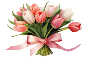 fresh beautiful tulips bunch with pink ribbon isolated on transparent background. Woman's day, 8 march, Easter, Mother's day, anniversary, wedding