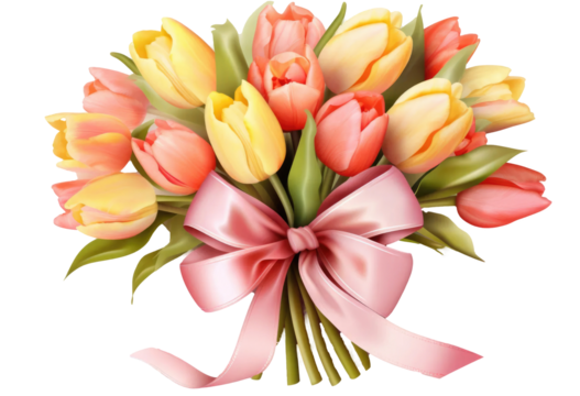 Colorful fresh beautiful tulips bunch with pink ribbon on transparent background. Woman's day, 8 march, Easter, Mother's day, anniversary, wedding