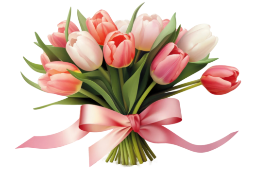 fresh beautiful tulips bunch with pink ribbon isolated on transparent background. Woman's day, 8 march, Easter, Mother's day, anniversary, wedding