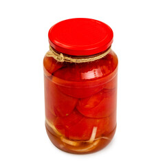 Pickled tomatoes in a jar on a white background, isolated