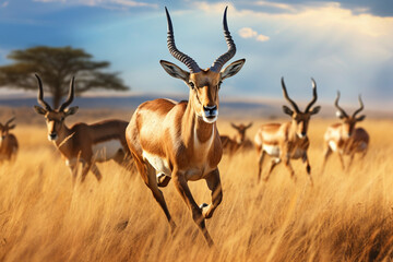 Naklejka na ściany i meble A group of Antelopes running in a field