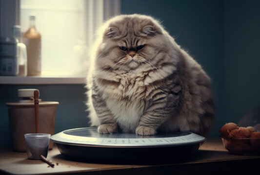 Fat cat on scales on. Weight control concept. Copy space.