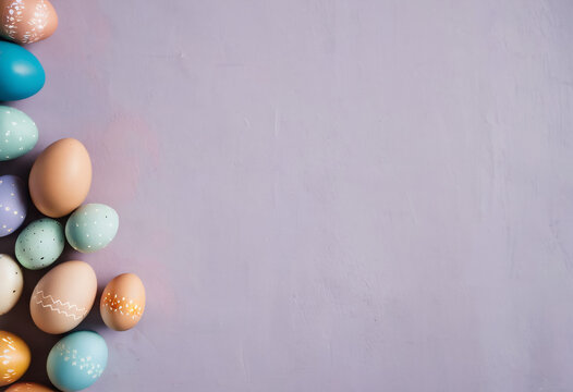 Happy Easter decoration background, painted colorful eggs, negative copy space