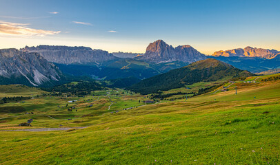 Seceda peak, Dolomites, Italy, A breathtaking panorama unfolds over Trentino Alto Adige, Europe. Morning sunrise reveals the majestic Furchetta peak in the Alps, creating a mesmerizing spectacle